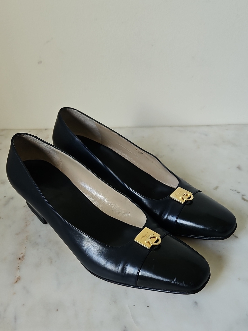 SALVATORE FERRAGAMO:  Navy Blue And  Black Leather Gancini Buckle Block Heels